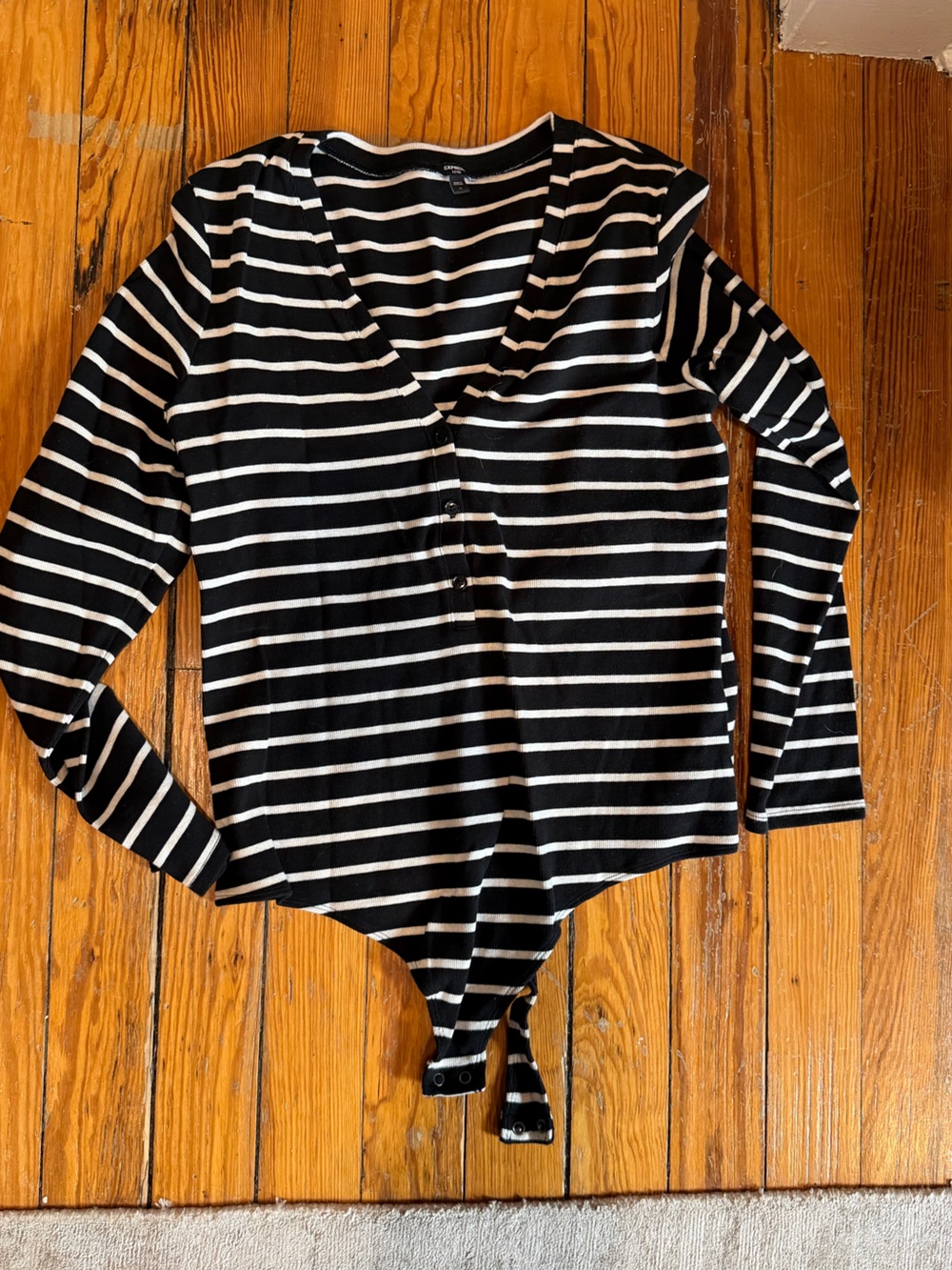 Express Black & White Striped Long Sleeve Snap-Front Bodysuit